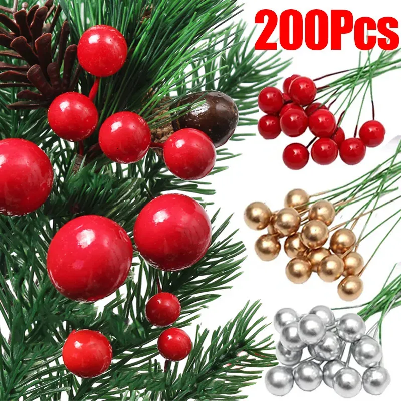 Faux Floral Greenery 50200Pcs Artificial Berry Red Gold Cherry Stamen Christmas Mini Fake Berries Simulation Pearl Beads Wreaths Wedding Xmas Decor 231019