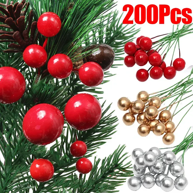 Faux Floral Greenery 50200 Pcs Baga Artificial Vermelho Ouro Cereja Estame Natal Mini Bagas Falsas Simulação Pérola Contas Grinaldas Decoração de Natal de Casamento 231019