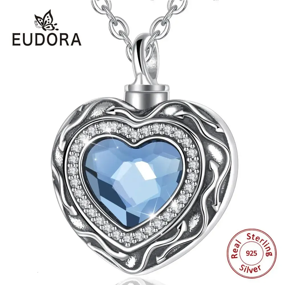 Colares de pingente Eudora prata esterlina coração medalhão coração cremação memorial cinzas urna azul cristal birthstone colar jóias lembrança CYG004 231020