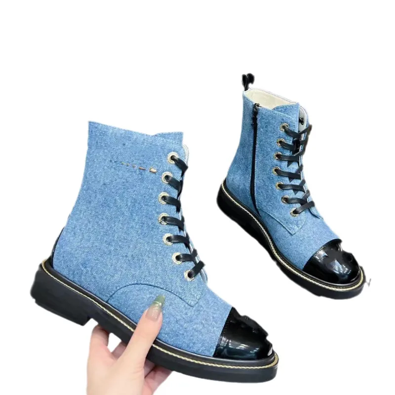 Luxury Martin Boots Denim Blue Genuine Leather Diamond Patterned Chunky Heels Short Boots