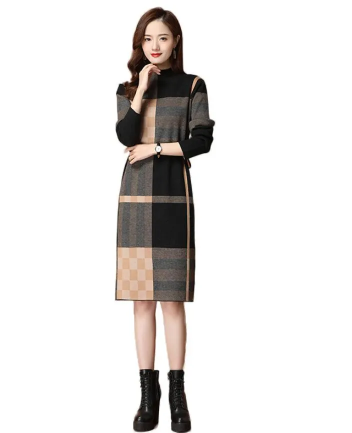 2024Nuovo inverno Moda donna Casual maglia spessa abiti lunghi Elegante plaid classico maniche lunghe Underlay Dress Party donna slim fit Abiti gonna per ragazze