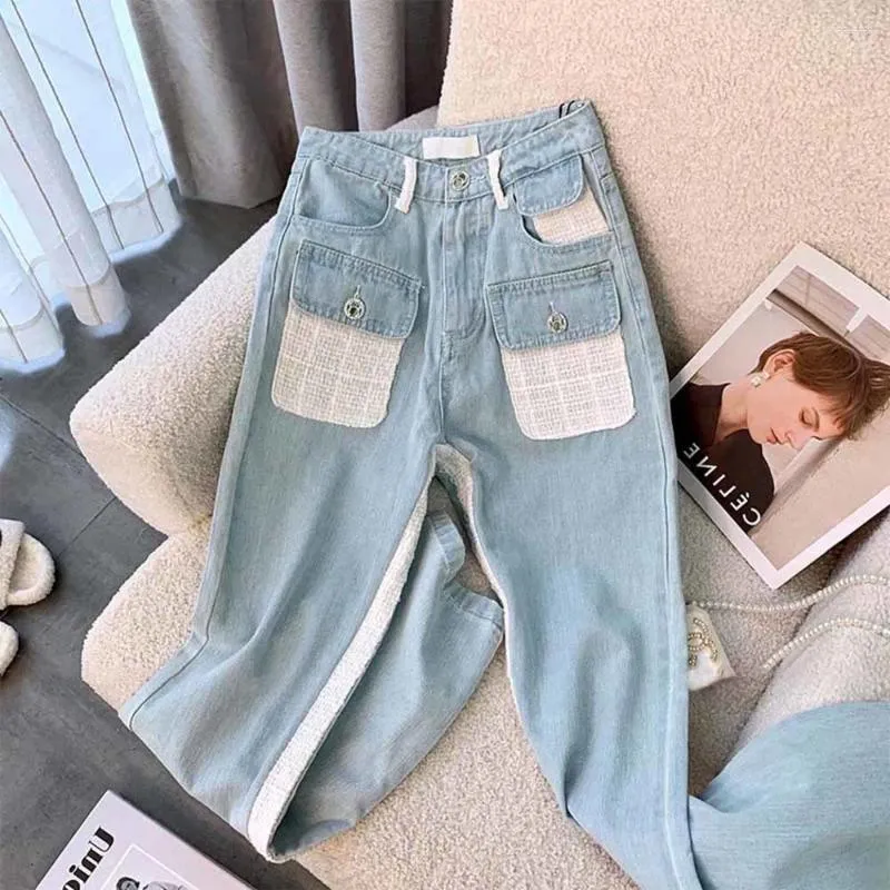 Damen Jeans Retro Pantalones Vaqueros Holgados Nähte Frauen Frühling 2023 Hohe Taille Hellblau Y2k Mode Breite Beinhose