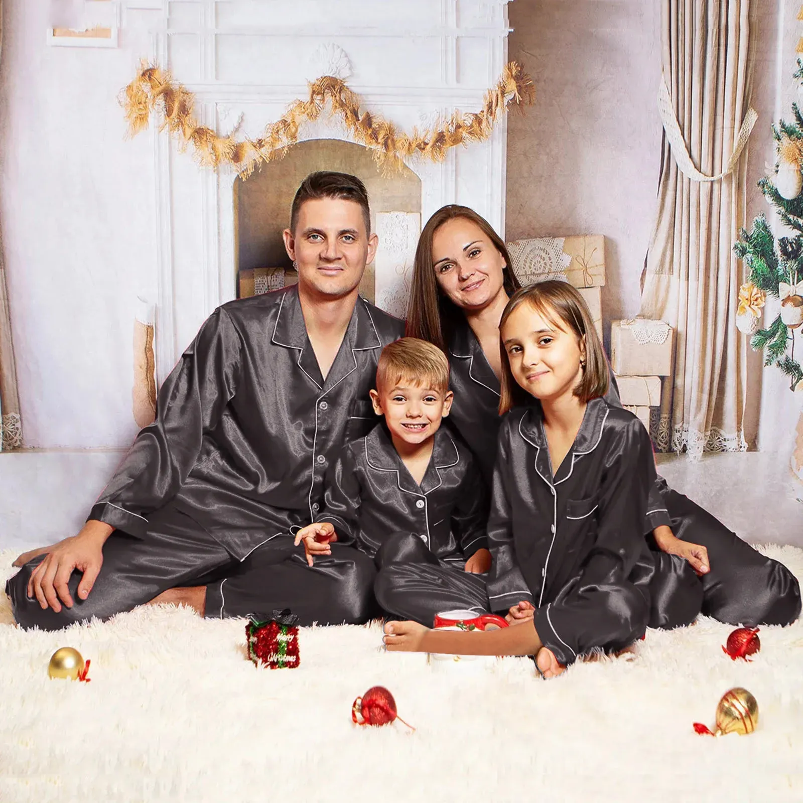 Family Matching Outfits Family Pajamas Set Silk Satin Adult Men Women Kids Nightwear Family Matching Sleepwear Clothes Sleep Two Piece Set Loungewear 231019