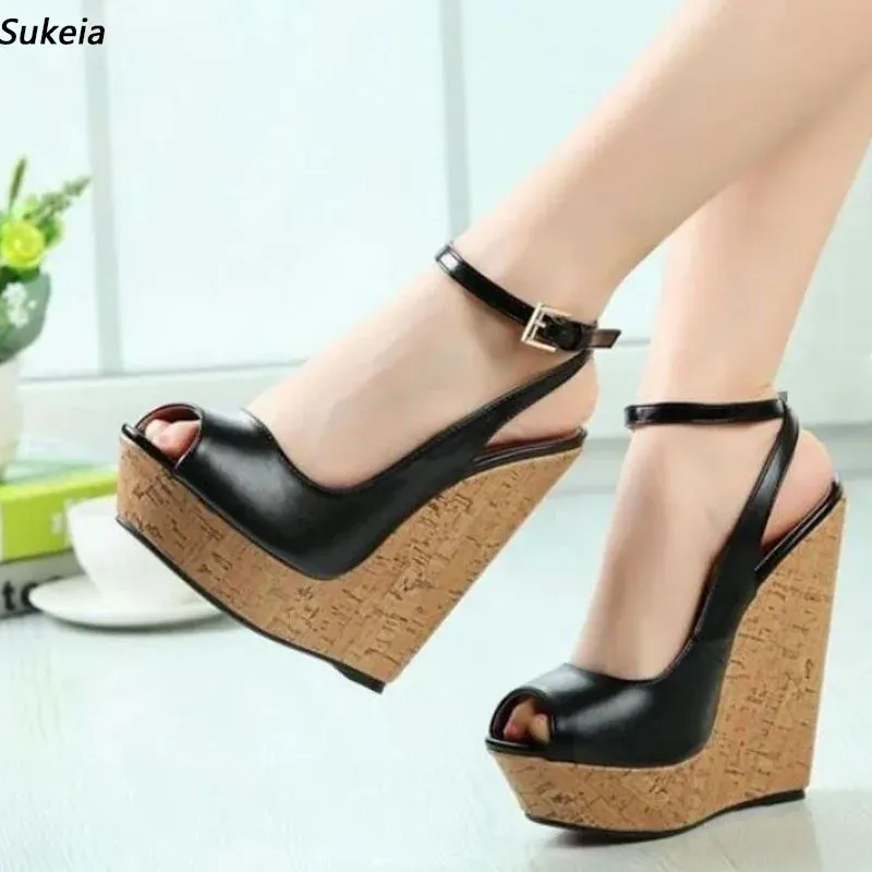 Sukeia Real Photos Women Summer Platform Sandals Wedges High Heels Round Toe Elegant Black Party Shoes Ladies US Plus Size 5-20