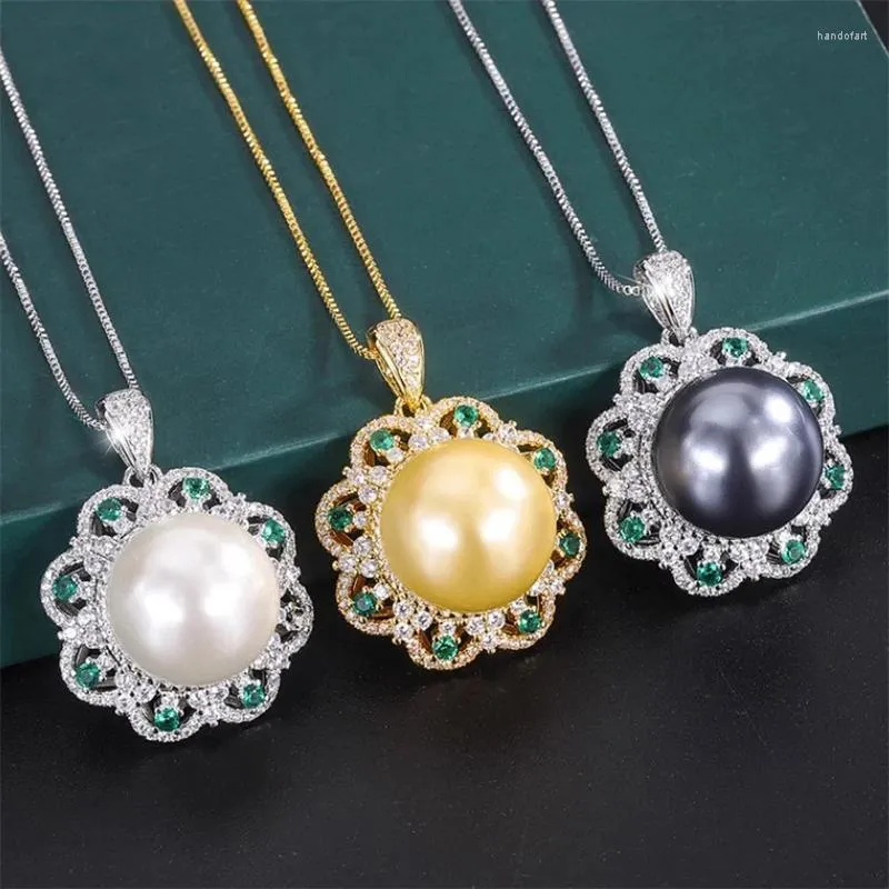 Pendant Necklaces Luxury Female Big Black Pearl Necklace Silver Gold Color Wedding For Women Fashion Green Rhinestone