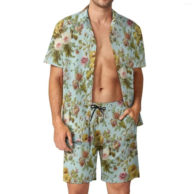 남자의 트랙 슈트 세련된 바로크 꽃 남자 세트 빈티지 핑크 장미 스트리트웨어 캐주얼 셔츠 세트 짧은 슬리브 인쇄 반바지 여름 비치웨어