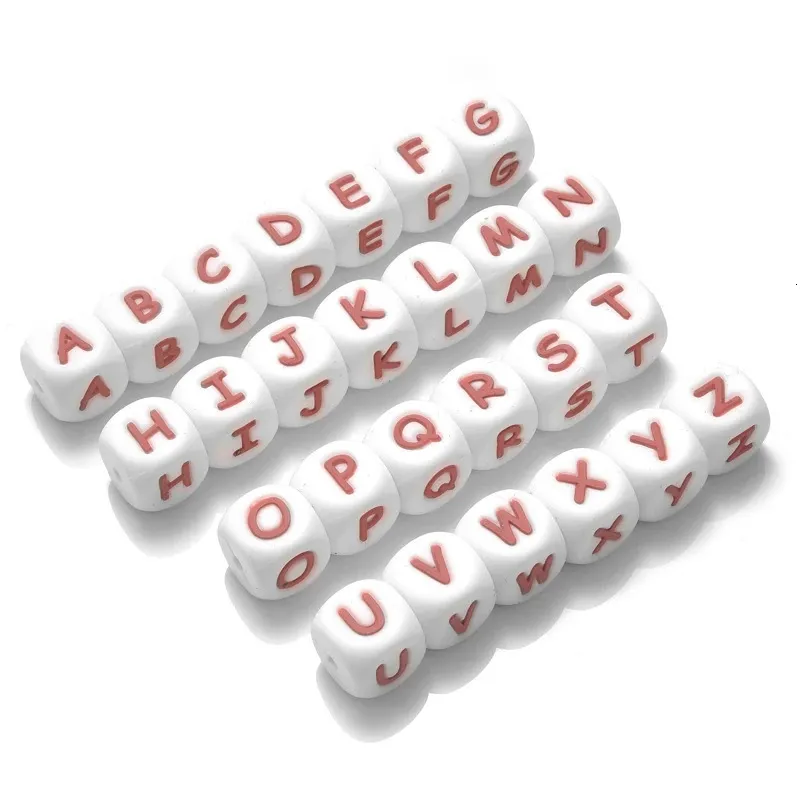 Mordedores Brinquedos 100 Pcs 12mm Inglês Alfabeto Branco Letras de Silicone Beads DIY Nome Personalizado Colar Chupeta Cadeia Mastigando Acessórios 231020