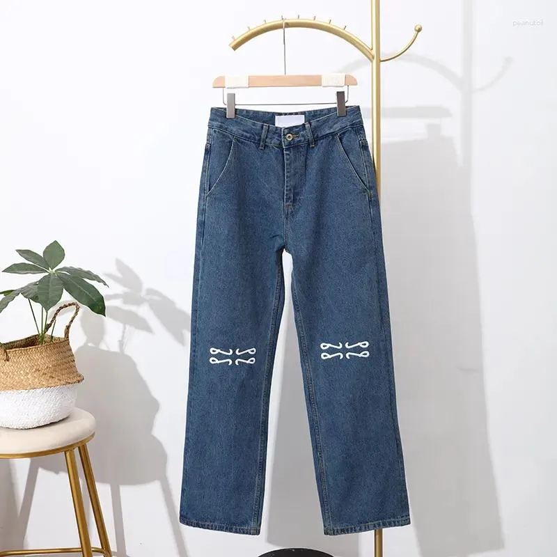 Calças de brim femininas bordado padrão feminino clássico designer calças soltas azul tubo reto perna larga casual calças jeans 2023