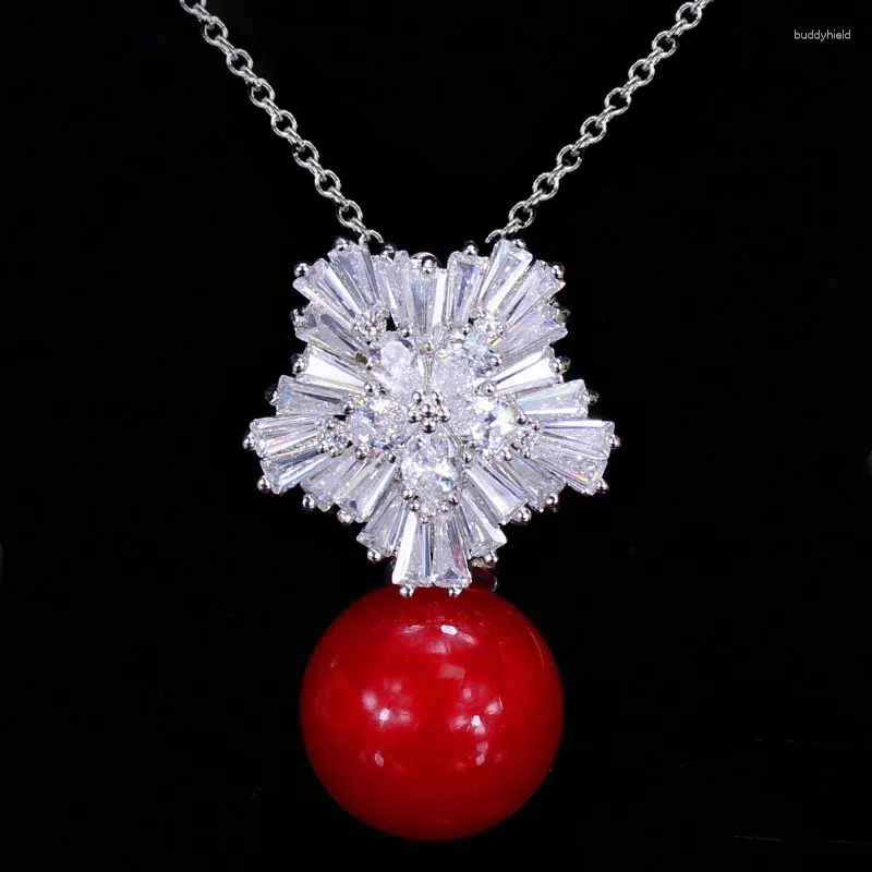 Anhänger Halsketten ThreeGraces Elegante Zirkonia Schneeflocke mit roter Perle Tropfen Halskette für Frauen Mode Party Schmuck Geschenk PN038