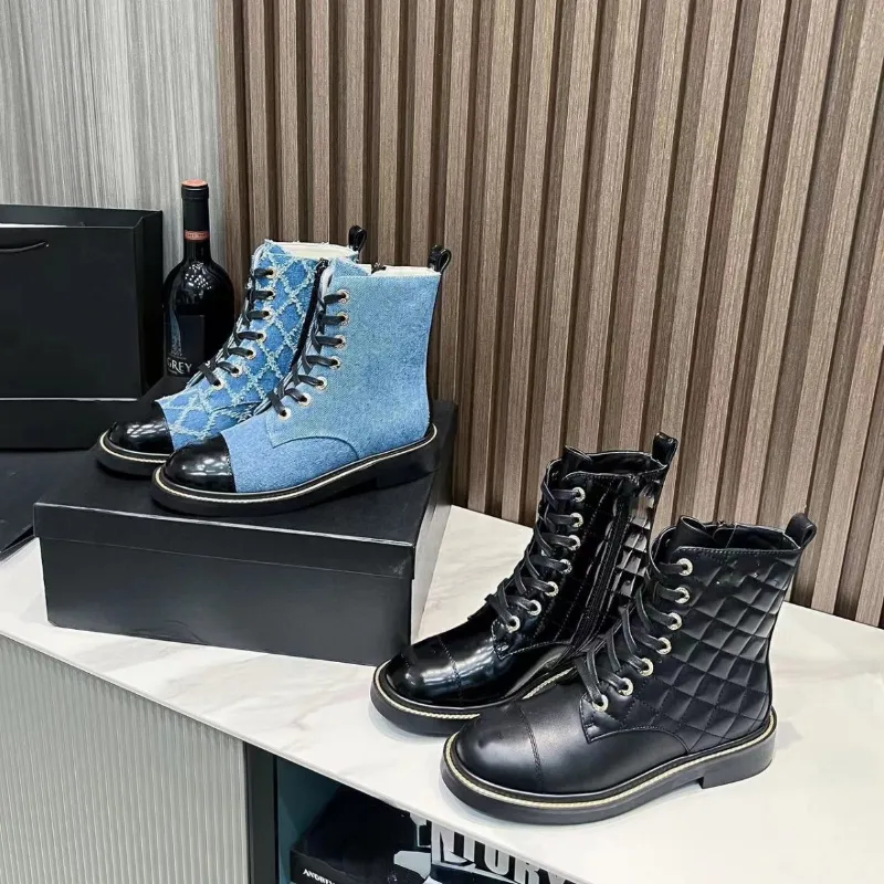 Bottes Martin de marque en cuir véritable bleu Denim, bottes courtes à motifs de diamants à talons épais