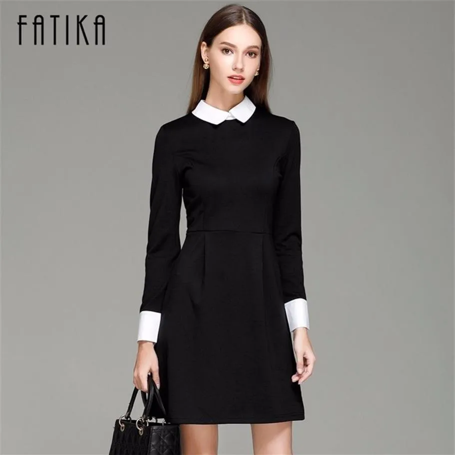 Fatika Fashion Autumn zima elegancka sukienka damska szczupła kołnierz Peter Pan kołnierz długi rękaw Czarne sukienki dla kobiet Y2253M