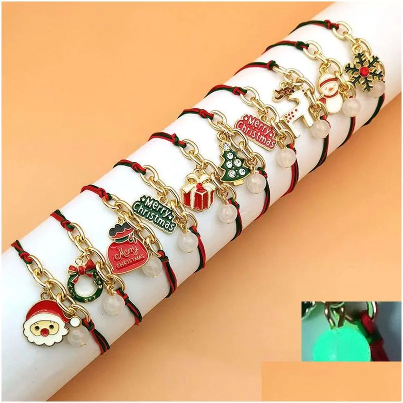 Christmas Decorations Noctilucent Bead Hand Strap Weave Chain Bracelet Jewelry Santa Claus Tree Snowman Pattern Merry Xmas Festive G Dh0Ye