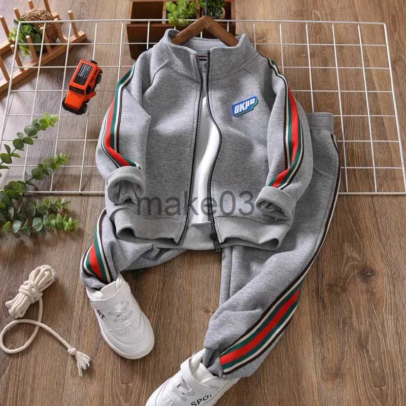 Kläder sätter skolbarns träningsjoggare set full zip randiga pojkar fleece hoodie + sweatpant set barn kläder våren hösten 3-14 år J231020