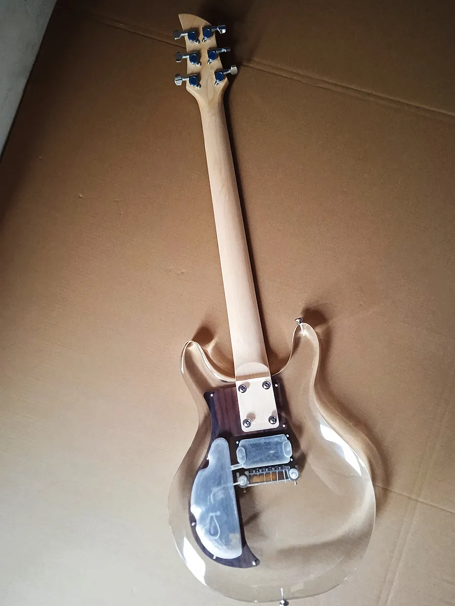 エレキギター 天然木 6 弦透明アクリルボディ、メイプルネック、ローズ