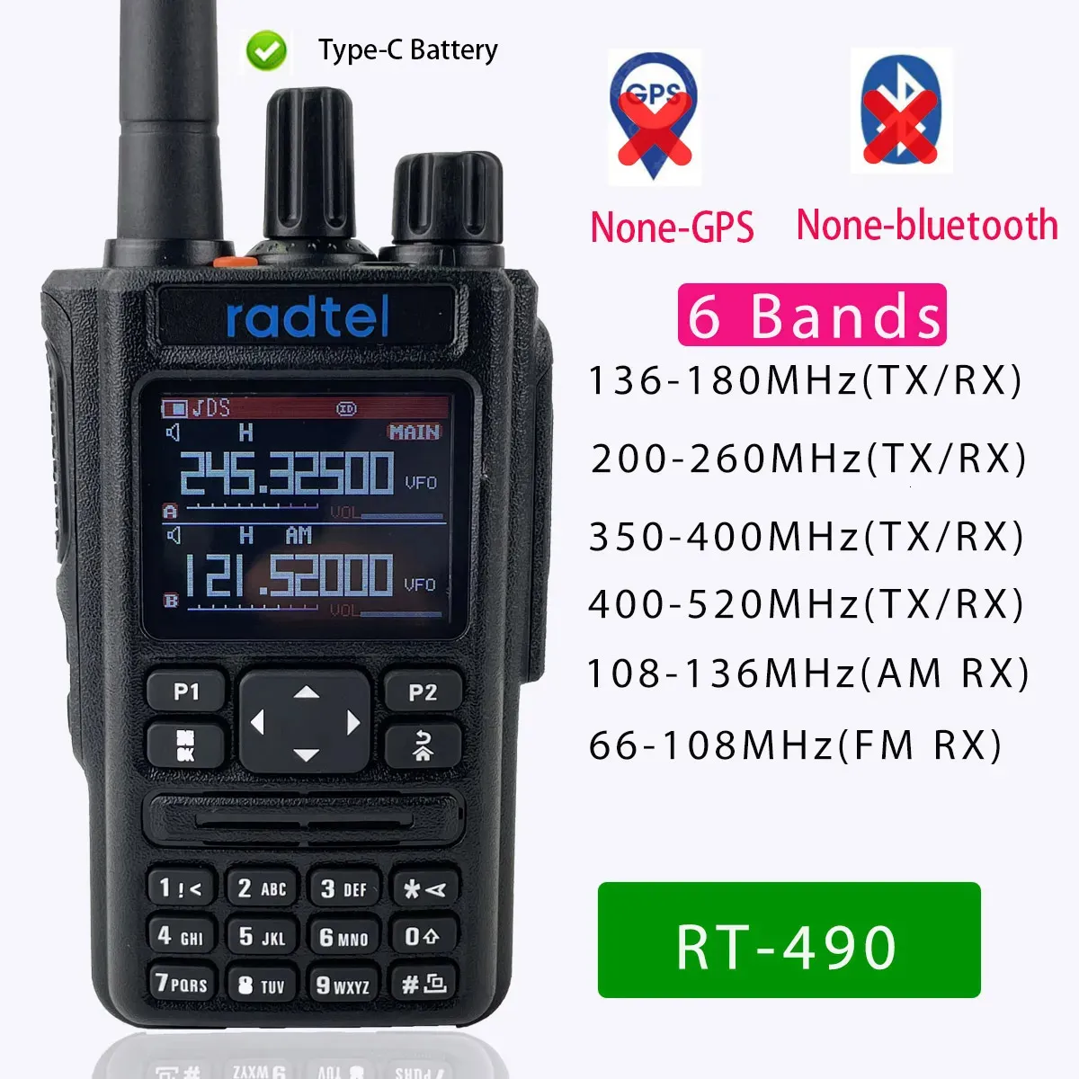 Walkie Talkie Geen GPS Bluetooth Radtel RT 490 Zesband Amateur Ham 2-weg radio's 256 CH Luchtvaart Walkie Talkie AM Luchtfrequentie RX USB C 231019