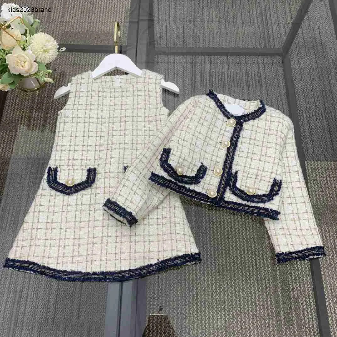 Novo vestido ternos para meninas bebê outono conjunto tamanho 100-160 cm botão pérola em torno do pescoço cardigan e vestido colete sem mangas oct15