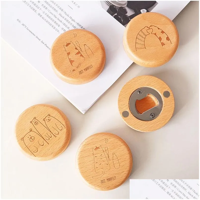 فتحات فارغة الفتحات DIY Beech Wooden Round Shape Bottle Opener Coaster Coaster Tirct Magnet Decoration Beer Logo Home Garden Kitchen Dhgoa