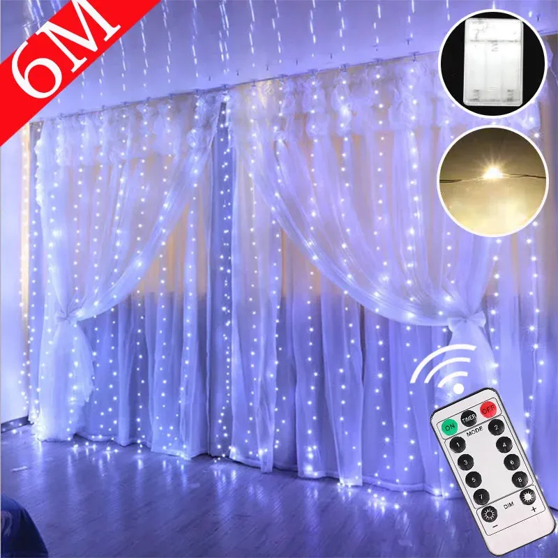 Decorazioni natalizie Tenda LED String Light Bianco caldo colorato Telecomando Camera da letto Vacanza Decorazione di nozze Ghirlanda di fata 231019