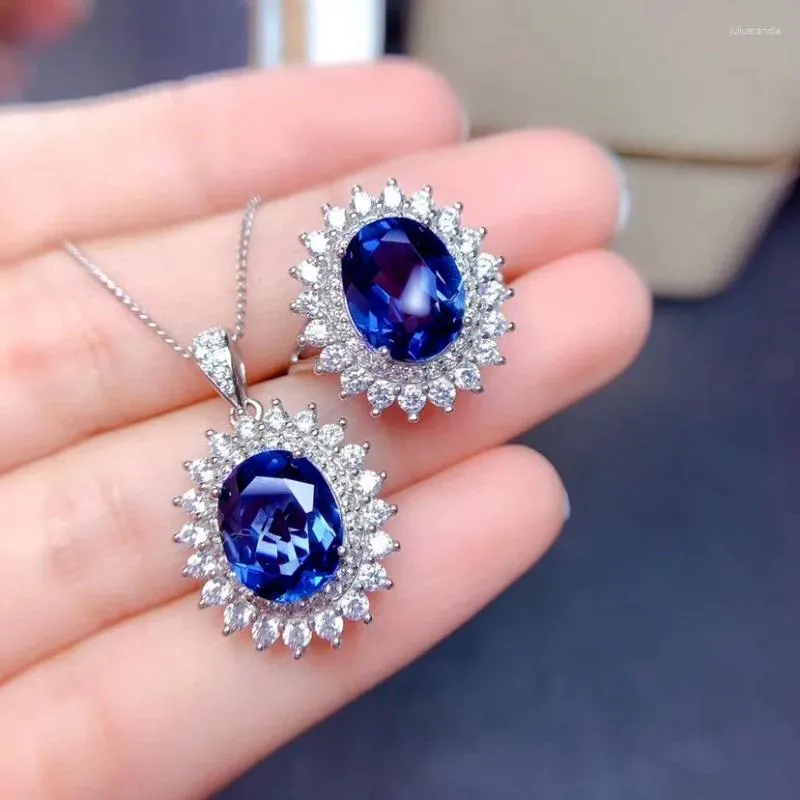 Colar brincos conjunto na moda anel de cristal azul jóias casamento cor prata oval atacado para presente feminino gota