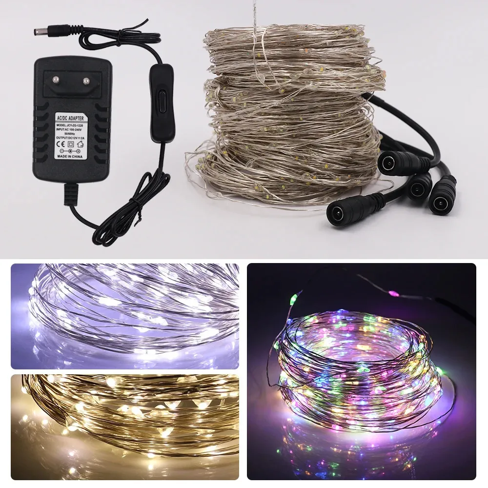 Autres fournitures de fête d'événement 10M 20M LED String Guirlandes avec interrupteur Prise d'alimentation Fil de cuivre Jardin extérieur Vacances Lumière de Noël RVB Guirlande colorée 231019