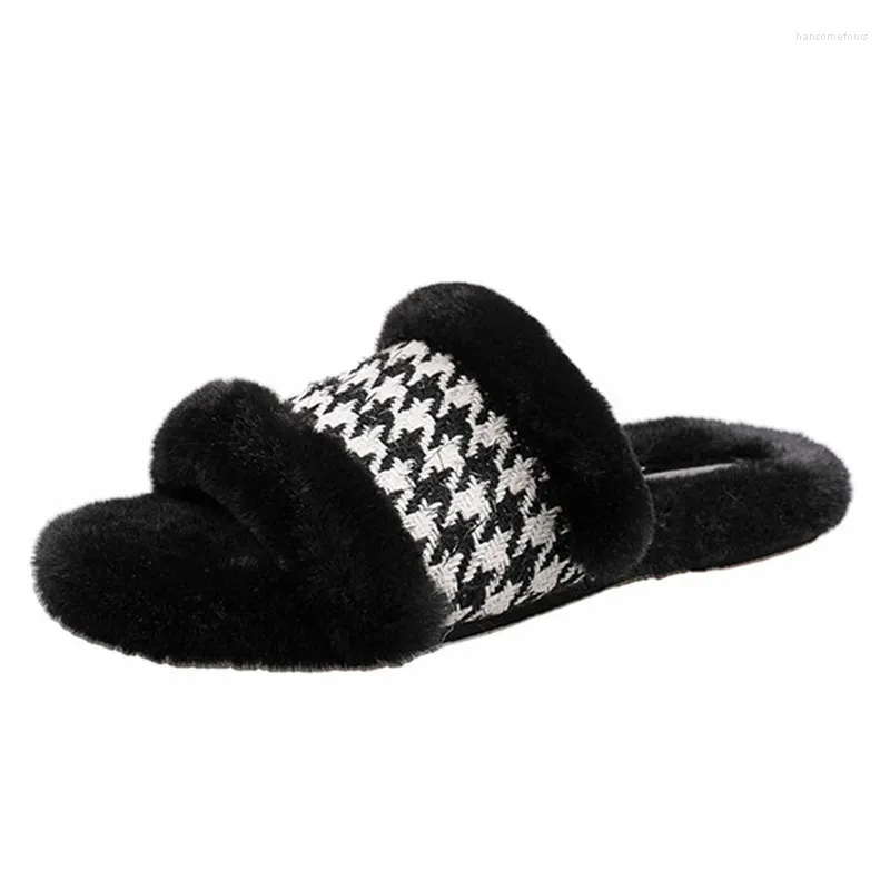 Slippers Damesslipper 2023 Herfst En Winter Platte Dikke Bodem Harige Houndstooth Indoor Pluche Open Teen Slippers