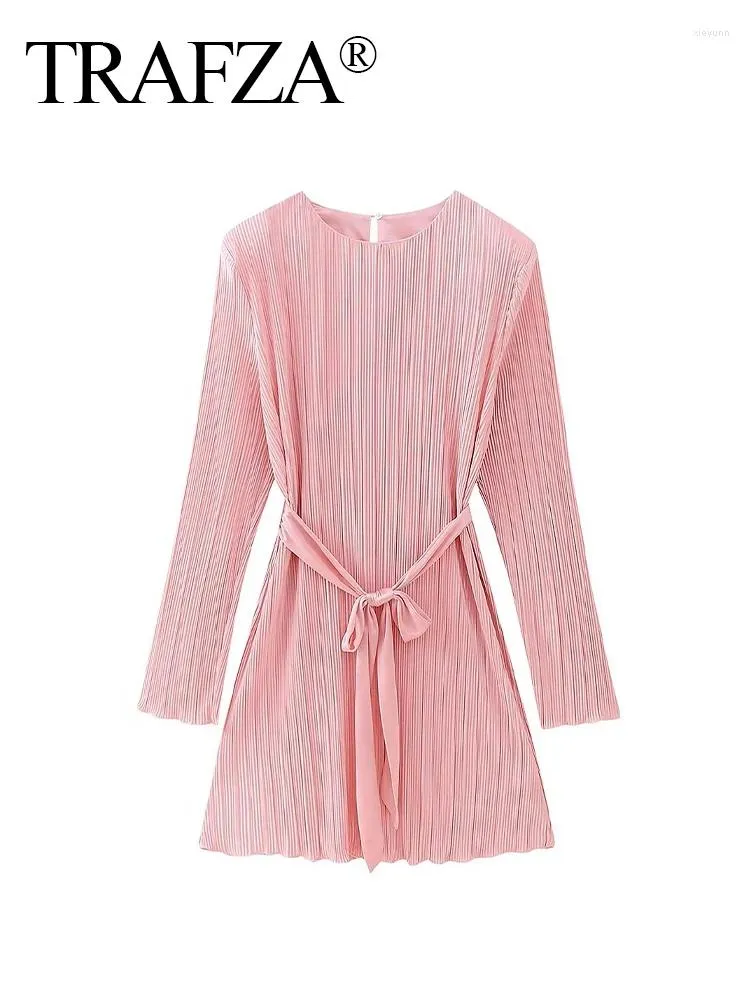Casual Dresses TRAFZA Autumn Party Woman Trendy Pink O-Neck Long Sleeves Bow Belt Decoration Back Button Female Fashion Mini