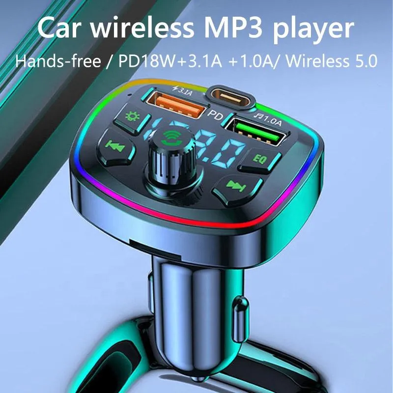 Hot selling color light Tf card U disk music stereo receiver Q7 2 USB 3.1A fast charging Pd 18W wireless FM receiver FM transmit