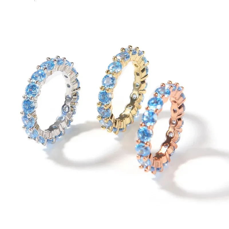 Anneaux de mariage Hip hop Bling charmant AAA Zircon anneaux brillant bleu cristal mince anneau pour personnalisé CZ Zircon rappeur Cooper bijoux 231020