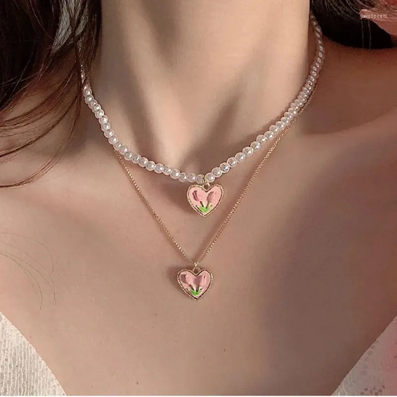 Collane con ciondolo Tulipano rosa Amore Collana con pendenti di perle Collana estiva da donna Catena clavicola Girocollo Gioielli donna alla moda 2023 Regali di festa