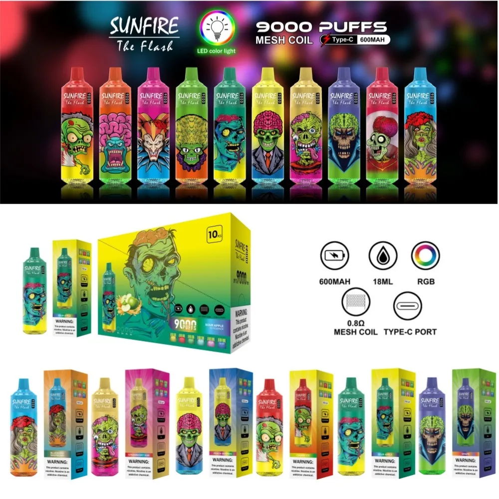 Tornado chaud 7000 8000 9000 Sunfire Puffs d'origine Suisse Suisse Vente en gros en gros E Cig 10000 Vape Charger Distributeurs Puffes E Kits de cigarette