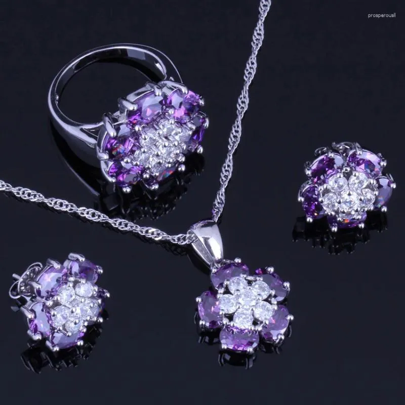 Necklace Earrings Set Glamorous Purple Cubic Zirconia White CZ Silver Plated Pendant Chain Ring V0231