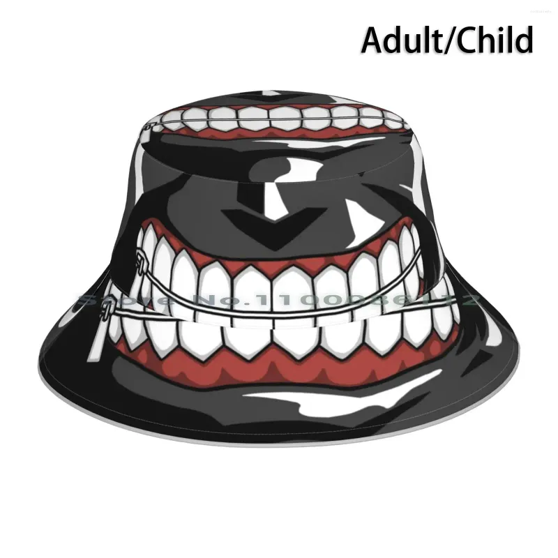 Bérets Ghoul Mask Bucket Hat Sun Cap Evil Smile Horreur Halloween No Sew Face Japonais Kaneki Ken Tokyo Re One