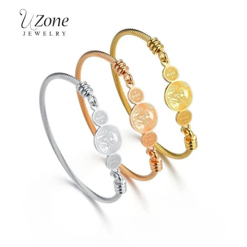 Uzone Design San Benito Bracelet Or En Acier Inoxydable Croix Religieuse Médaille Bracelets Pour Femmes Bijoux De Mode Cadeau Pulsera Bangle278R