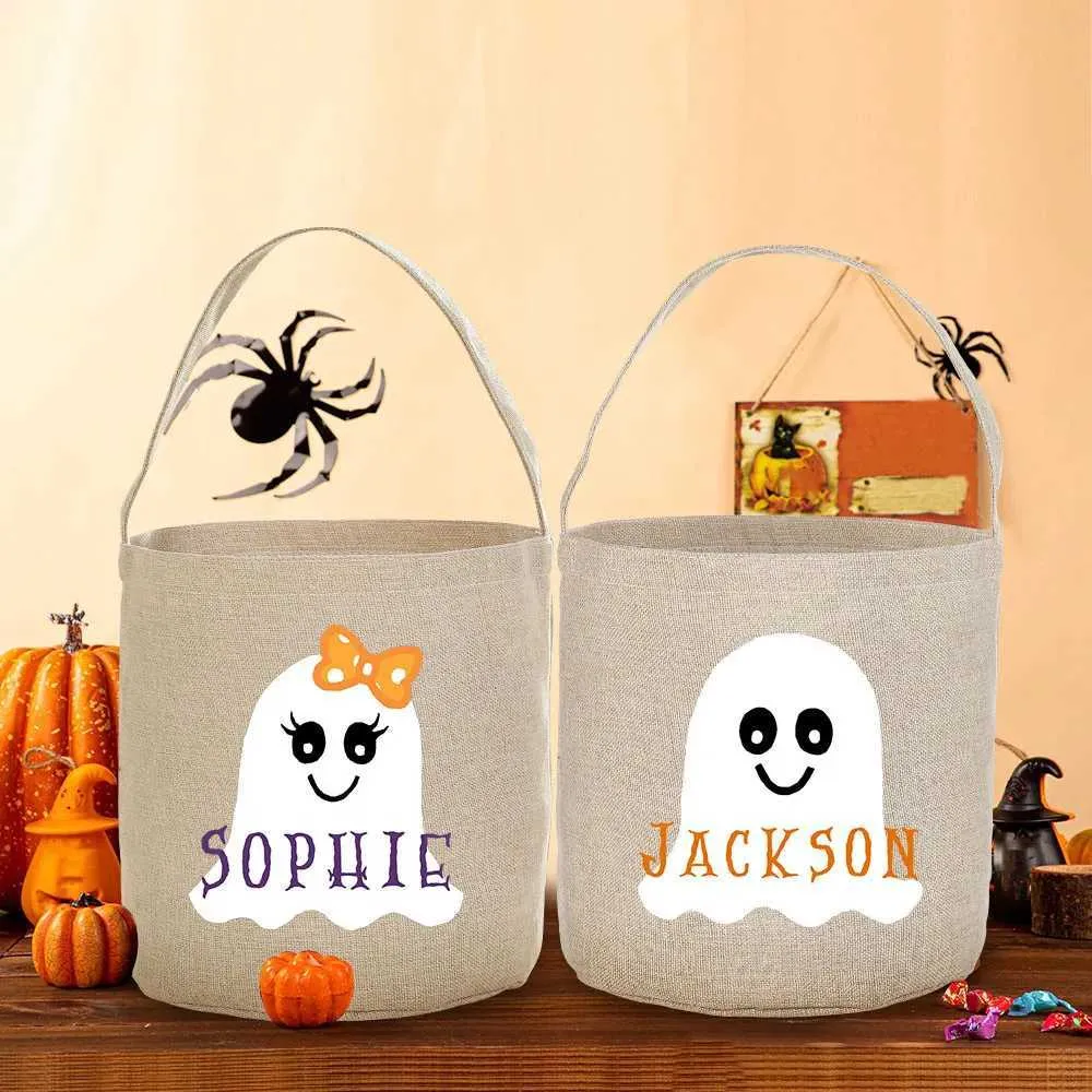 Personalised Trick or Treat Bag Custom Name Halloween Party Candy Bucket Ghost Bat Tote Bags Portable Cookie Basket Kid Gift 220923