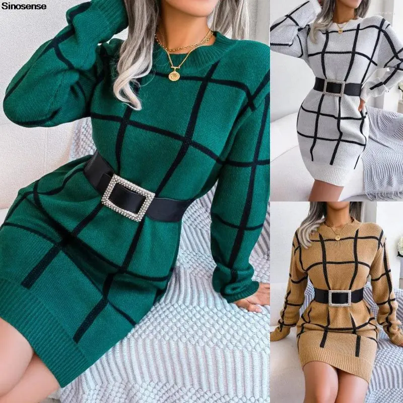 Robes décontractées Femmes Color Block Plaid Tricot Pull Robe À Manches Longues Col Ras Du Cou Moulante Côtelée Tricoté Mini