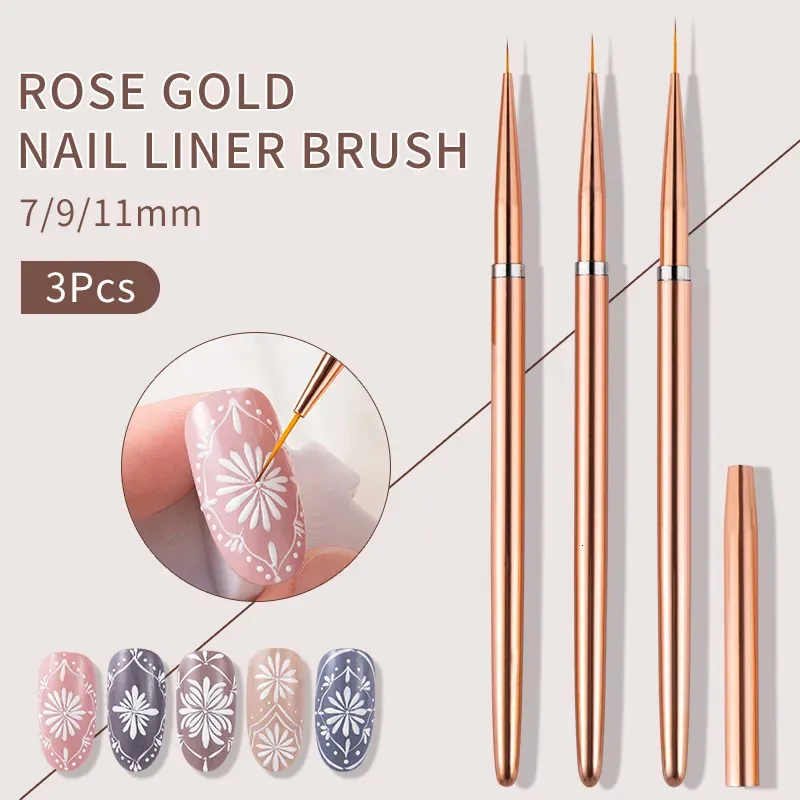 Makeup Tools Rose Gold 3PCSSet Nail Art UV Gel Liner Målning Borstar Ritning av blommor Strip Design Manikyrsatser 7911mm 231020