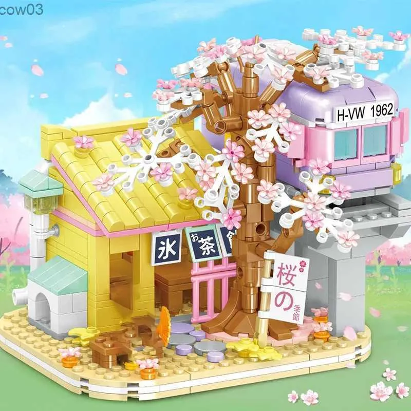Blöcke Kreative Street View Izakaya Sakura Haus Modell Bausteine Stadt Kirschblüte Hütte MOC Ziegel Mit Figur Spielzeug Für Kind geschenk R231020