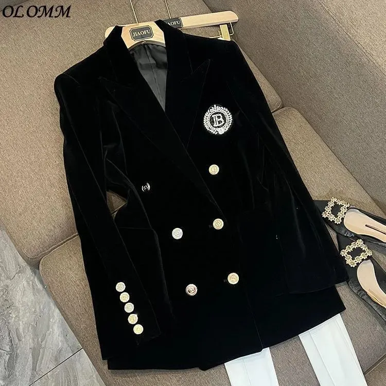 Kvinnors kostymer Blazers Autumn and Winter Velvet Suit Coat Högkvalitativ mångsidig Slim Medium Festival Black Jacka Korean Women Tops 231019