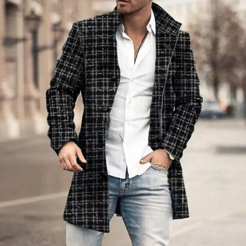 Casaco De Lã Masculino Vintage Xadrez Impresso Casaco Masculino Outono Inverno Moda Único Breasted Lapela Jaquetas Clássico Slim Manga Longa Outerwear