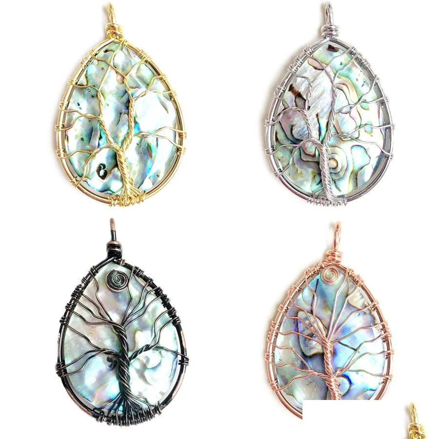 Pendant Necklaces Wojiaer Natural Abalone Shell Drop Pendant For Women Tree Of Life Wire Wrap Beads Mixed Colors Diy Handmade Necklace Dhu7Y