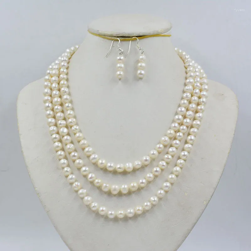 Kolczyki naszyjne ustawione 8-9 mm naturalne 3 pasmo słodkowodne kolczyki perłowe. Spraw, że wyglądasz pięknie 18-20 ”