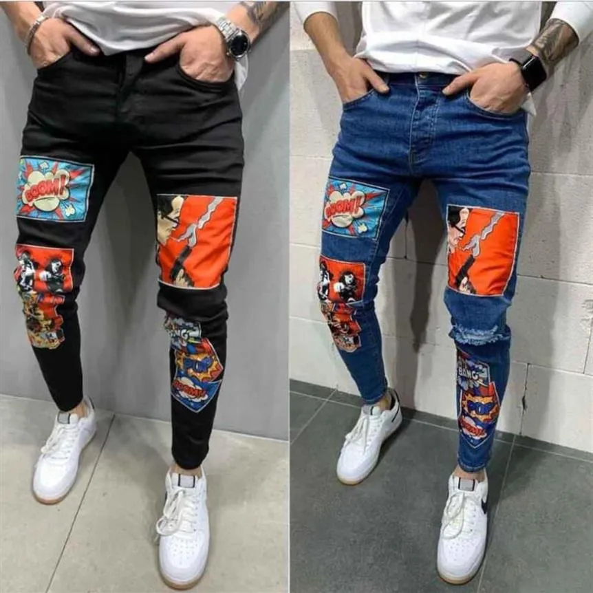 Chudy jeansy mody mody High Street Denim Pencli Pants Man Cartoon Postacie Patch Patchers Mężczyzna W1923276r