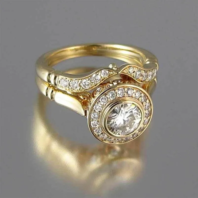 Luxo feminino conjunto de anel de casamento vintage cristal 18kt cor ouro amarelo empilhável anel promessa anéis de noivado para women3529