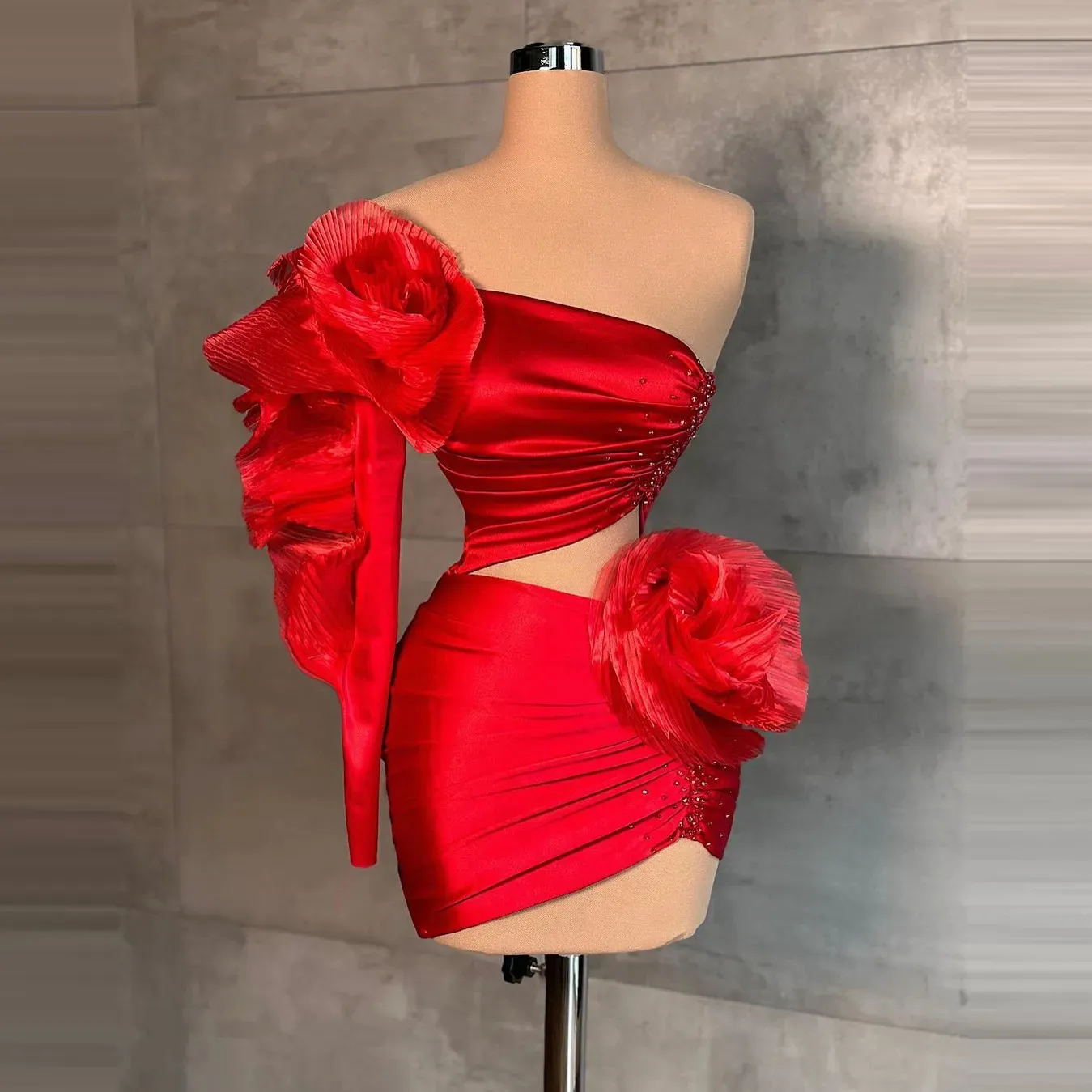 Red Short One Shoulder Long Sleeves Homecoming Dress Ruffles Floral Dresses Mini Length Tail Party Gowns 328 328