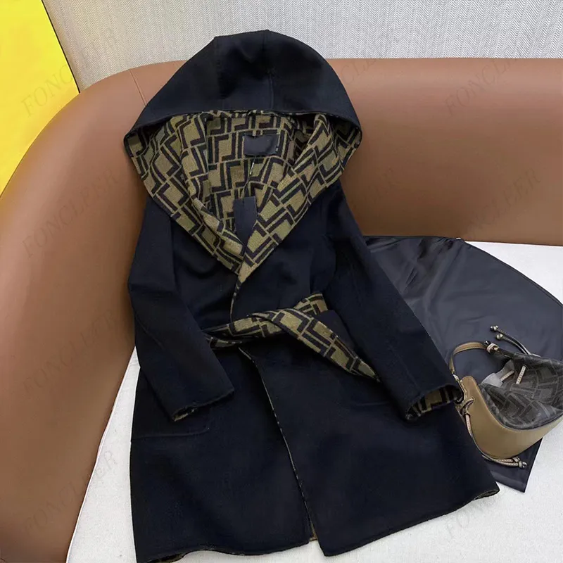 Womens Sashes Woolen Overcoat Designer Long Parka Inside Double F Letter Hooded Coat Elegant Thermal Ladies Top Jacket Outerwear SML