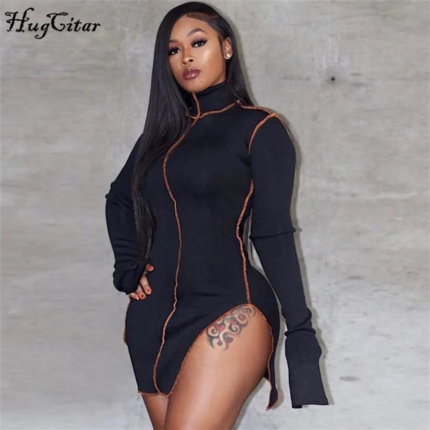 Hugcitar 2020 Lange mouw spleet bodycon sexy mini jurk lente zomer dames mode streetwear outfits club draag zonsondergang t200710265h