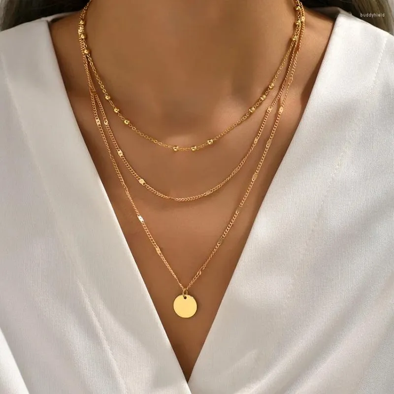 Pendant Necklaces Minar Exquisite Multi Layered Circle Round Coin For Women 14K Real Gold Silver Plated Copper Chain Choker