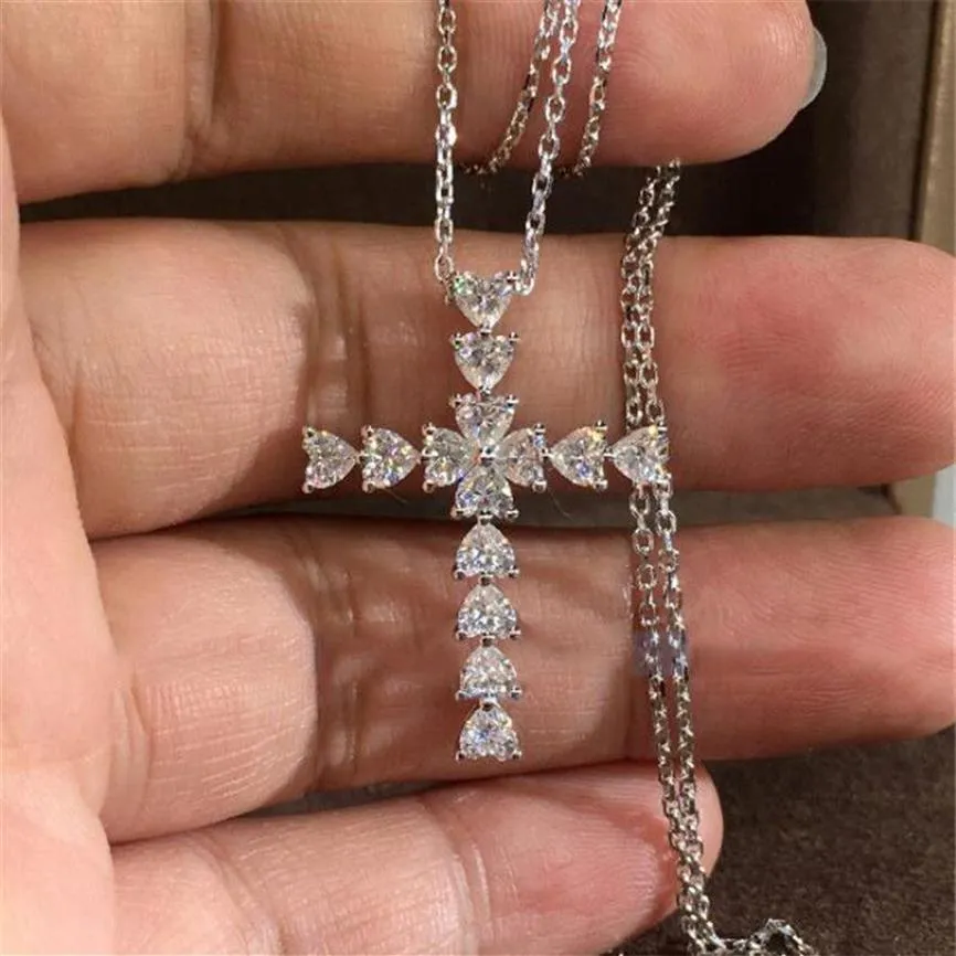 Semplice gioielli di moda in argento sterling 925 a forma di cuore topazio bianco diamante della cz partito croce pendente cristianesimo donne clavicola collo313Q