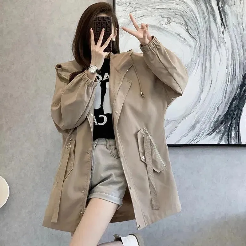 Women's Trench Coats 2024 Spring Autumn Korean Coat Women Fashion Mid Long Sleeve Overcoat Windbreaker Hooded Outwear Ladies Top