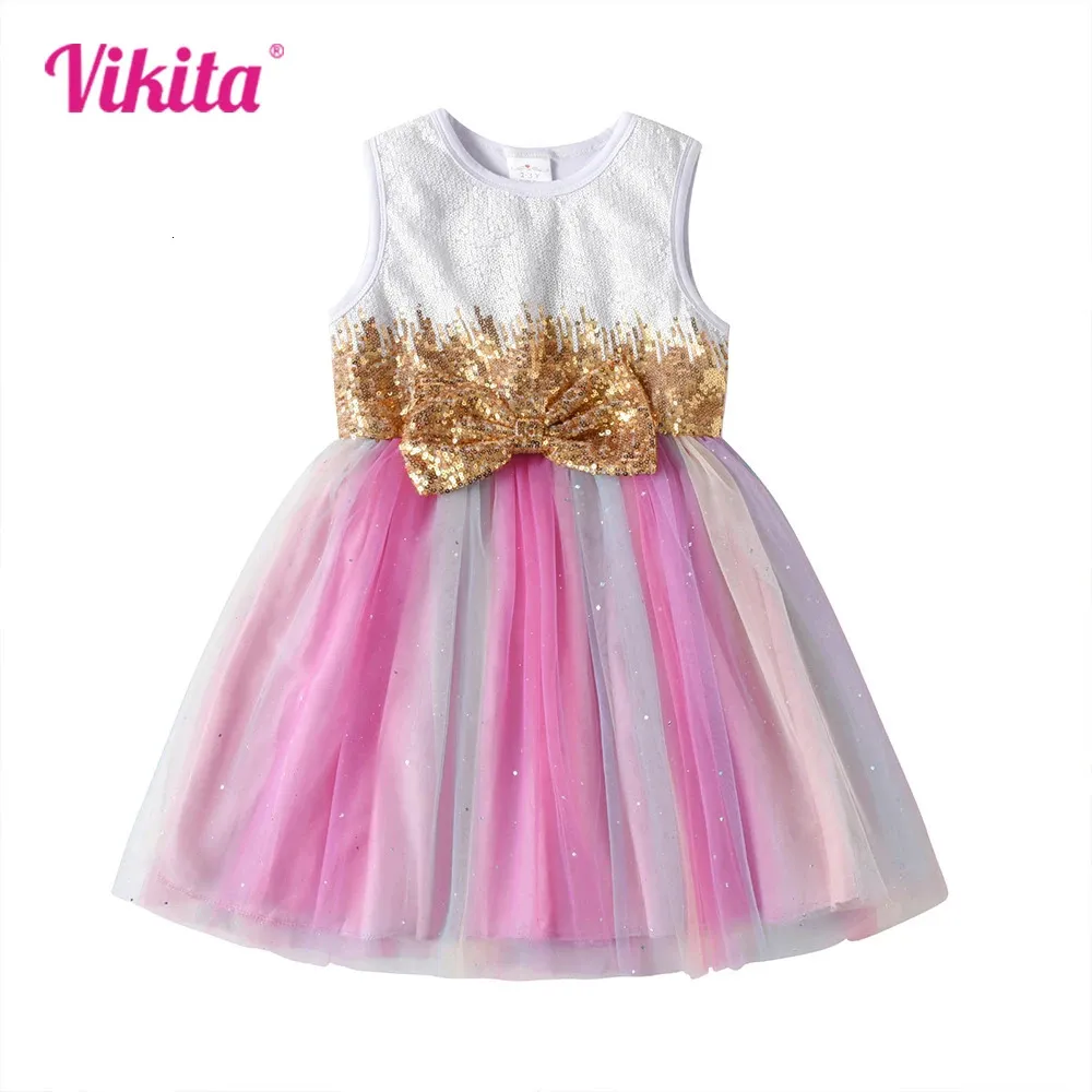 Mädchenkleider VIKITA Mädchen ärmelloses Kleid Kinder goldene Pailletten mit Schleifenknoten Geburtstagsfeier Abend Ballkleid Prinzessin 231019